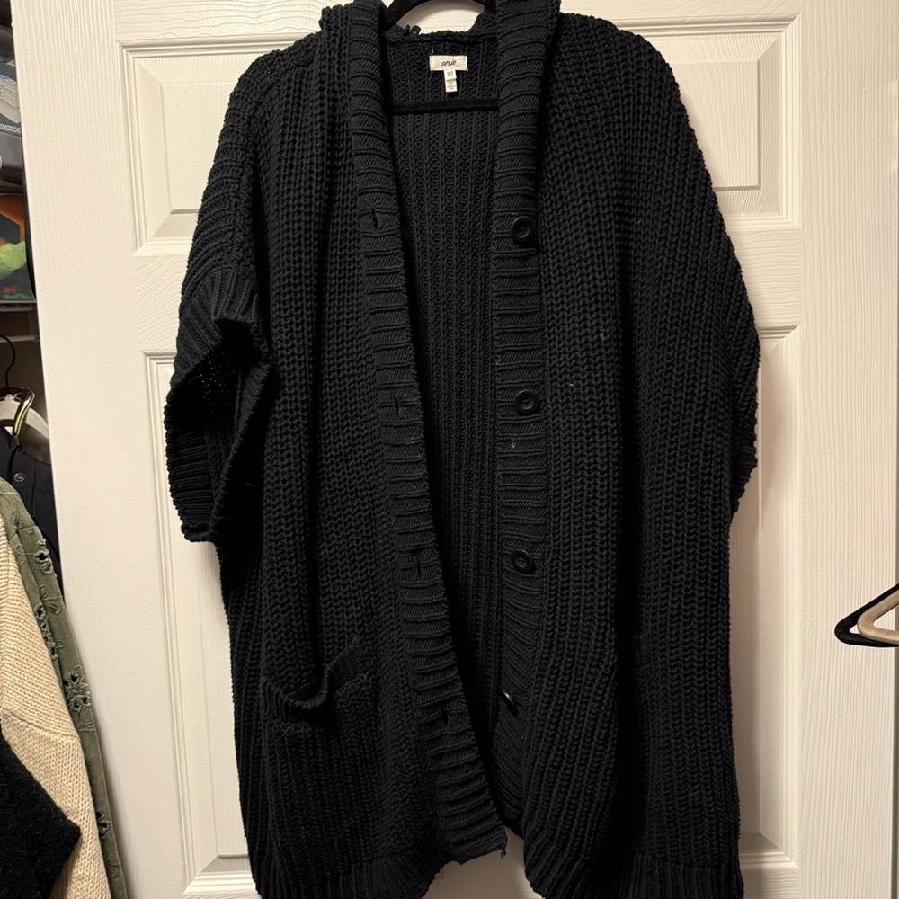 Aerie Button-Up Black Knit Sweater With Hood - One Size Fits All